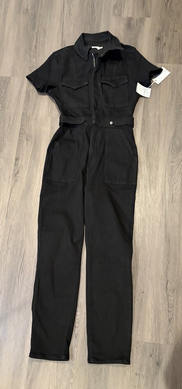 Good American Black Denim Zip-Front Collared Short Sleeve Jumpsuit M